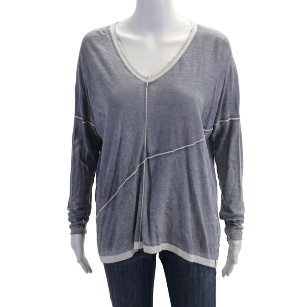 Kokun Women Gray Bamboo Cashmere V-Neck Long Sleeve Basic Top Size M
